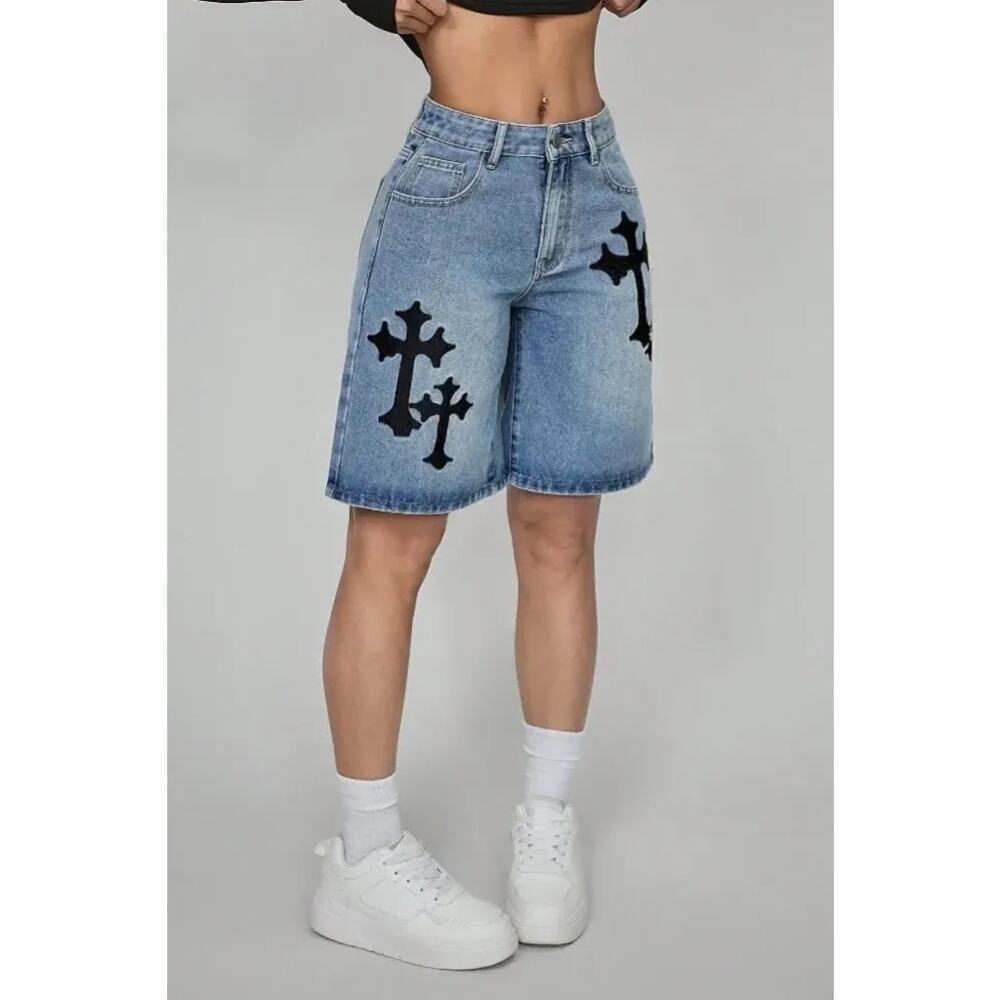 Girl's Jorts Black Cross sz 11 Denim Jorts Jean Shorts Oversized